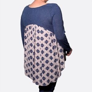 Blue Mixed Media High-Low Tunic Top Geometric Back Size Plus Size 0X L